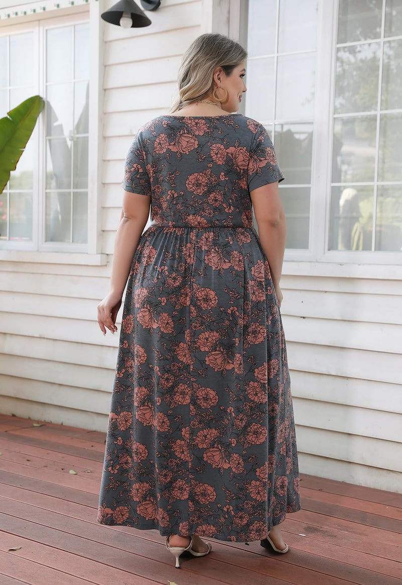 Nemidor Women Short Sleeve Loose Plain Casual Plus Size Long Maxi Dress with Pockets (18,179+Pink Print) - Image 2